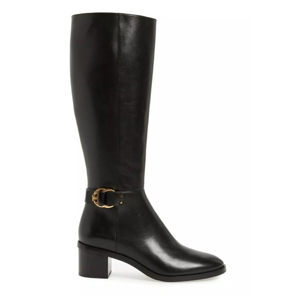 Tory Burch Shoes - Tory Burch Marsden Boot Black Leather Knee High Gold Logo Riding Boot, 9.5